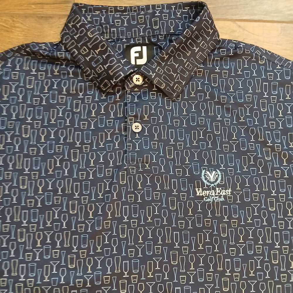 FootJoy Polo Mens Large Blue AOP Viera East Golf Club Performance Stretch‎